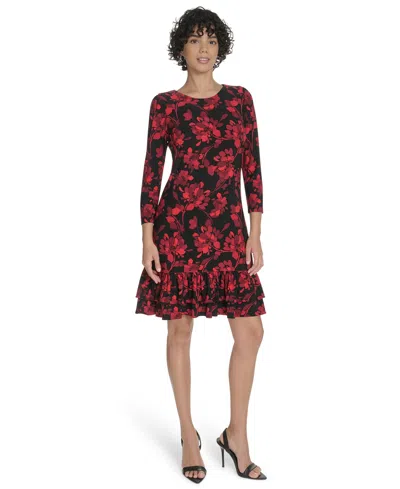 Tommy Hilfiger Petite 3/4-sleeve Ruffle-hem Shift Dress In Multi