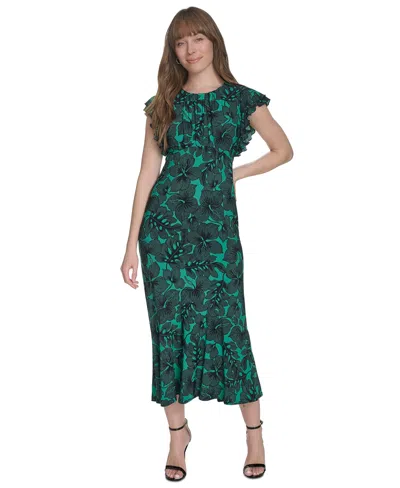 Tommy Hilfiger Petite Dotty Hibiscus Flutter-sleeve Dress In Parakeet,sky Captain