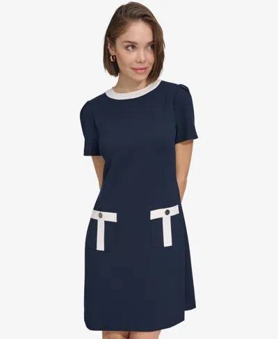 Tommy Hilfiger Women's Contrast-trim Scuba Crepe Shift Dress In Sky Capt,i