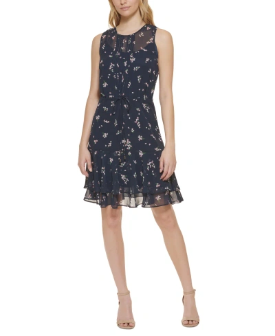 Tommy Hilfiger Petite Floral-print Fit & Flare Dress In Sky Captain,english Rose