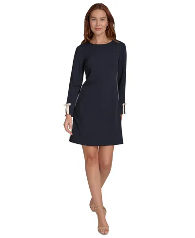 Tommy Hilfiger Petite Long-sleeve Bow-cuff Shift Dress In Sky Captain,ivory