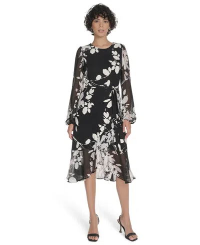 Tommy Hilfiger Petite Long-sleeve Chiffon Combo Midi Dress In Multi