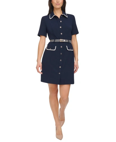 Tommy Hilfiger Petite Piping Trim Belted Shirtdress In Sky Captain,ivory