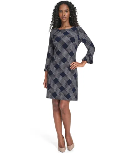 Tommy Hilfiger Petite Plaid 3/4-sleeve Shift Dress In Gray