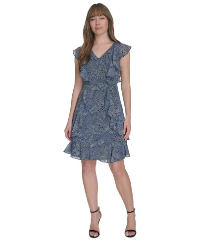Tommy Hilfiger Petite Printed Ruffled Dres In Multi