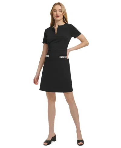 Tommy Hilfiger Petite Split-neck Beaded-pocket Dress In Black