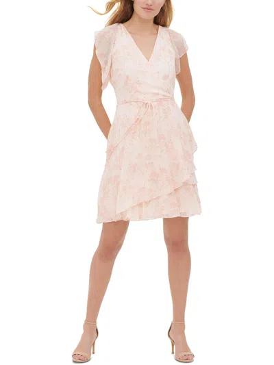 Tommy Hilfiger Petites Womens Chiffon Ruffled Wrap Dress In Pink