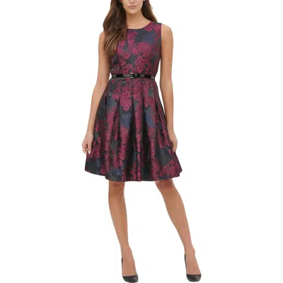 Tommy Hilfiger Petites Womens Floral Belted Fit & Flare Dress In Blue