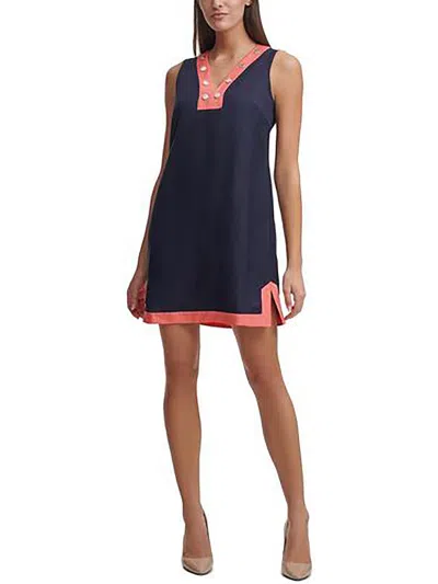 Tommy Hilfiger Petites Womens Two Tone V-neck Mini Dress In Multi