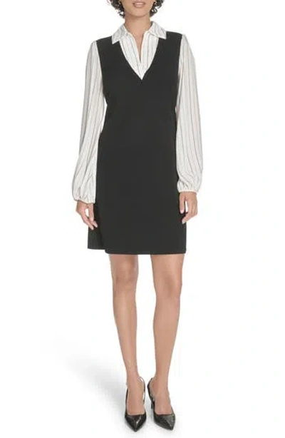 Tommy Hilfiger Pinstripe Long Sleeve Twofer Dress In Black