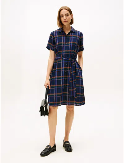 Tommy Hilfiger Plaid Georgette Belted Shirtdress In Black