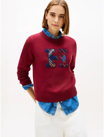 Tommy Hilfiger Plaid Monogram Crewneck Sweater In Red