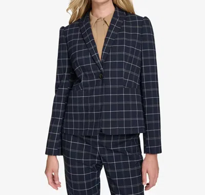 Tommy Hilfiger Plaid Puff-sleeve Single-button Blazer In Midnight/multi