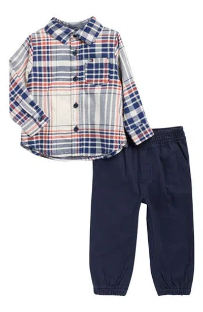 Tommy Hilfiger Babies'  Plaid Woven Button-up Shirt & Joggers Set In Blue