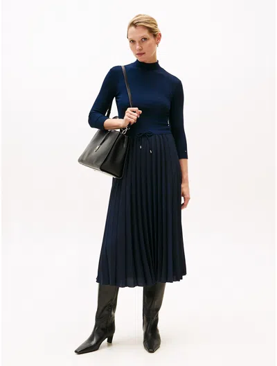Tommy Hilfiger Pleated Mix Media Midi Dress In Blue