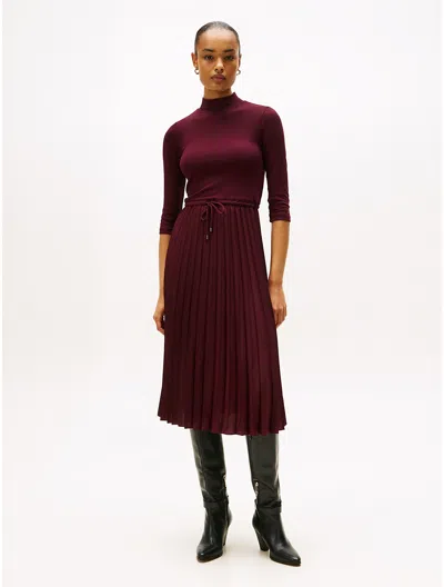 Tommy Hilfiger Pleated Mix Media Midi Dress In Burgundy