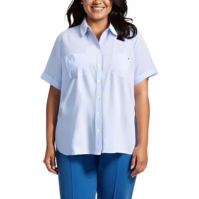 Tommy Hilfiger Plus Camp Womens Cotton Printed Button-down Top In Blue