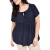 Tommy Hilfiger Plus Charlotte Womens Crinkled Ladder Stitch Peasant Top In Blue