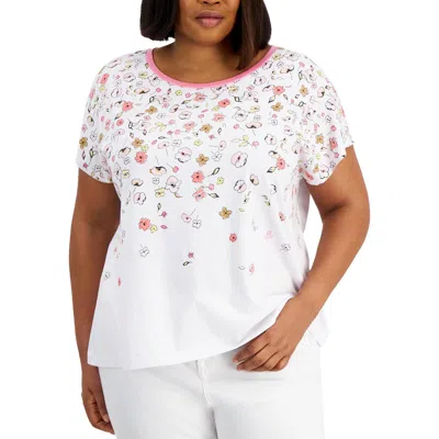 Tommy Hilfiger Plus Ditsy Doodle Womens Scoop Neck Short Sleeve Pullover Top In White