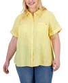 Tommy Hilfiger Plus Size 100% Linen Camp Shirt In Yellow