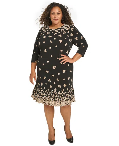 Tommy Hilfiger Plus Size 3/4-sleeve Flounce-hem Shift Dress In Black Multi