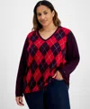 Tommy Hilfiger Plus Size Argyle V-neck Sweater In Aubergine,chili Pepper