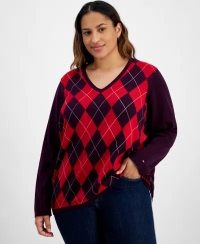 Tommy Hilfiger Plus Size Argyle V-neck Sweater In Aubergine,chili Pepper