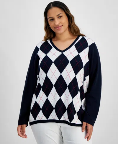 Tommy Hilfiger Plus Size Argyle V-neck Sweater In Sky Captain Multi