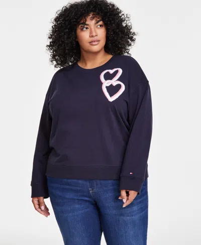 Tommy Hilfiger Plus Size Chenille Heart Sweatshirt, Exclusively At Macy's In Sky Captain