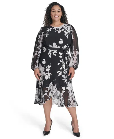 Tommy Hilfiger Plus Size Chiffon Long-sleeve Midi Dress In Multi