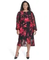 Tommy Hilfiger Plus Size Chiffon Long-sleeve Midi Dress In Red