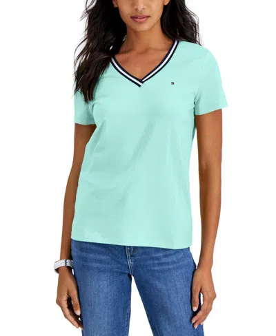 Tommy Hilfiger Women's Striped V-neck Short-sleeve T-shirt In Crme De Menthe