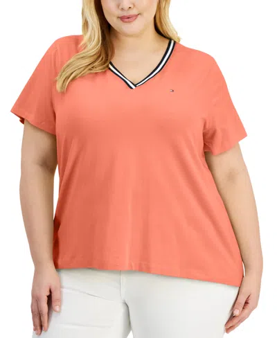 Tommy Hilfiger Plus Size Contrast Trim V-neck Top In Geranium