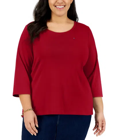 Tommy Hilfiger Plus Size Cotton 3/4-sleeve T-shirt In Crimson