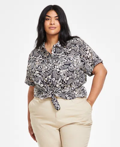 Tommy Hilfiger Plus Size Cotton Cuffed-sleeve Camp Shirt In Sky Captain,bright White
