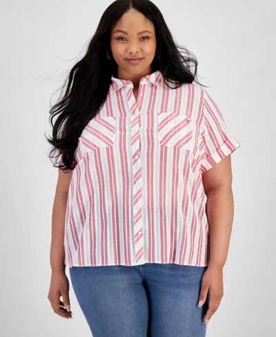 Tommy Hilfiger Plus Size Cotton Dobby Stripe Camp Shirt In Bright White,scarlet
