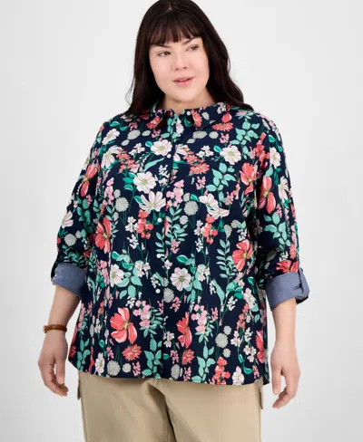 Tommy Hilfiger Plus Size Cotton Paisley-print Utility Shirt In Blue