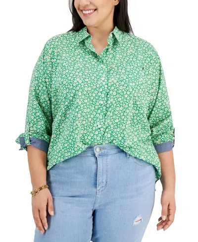 Tommy Hilfiger Plus Size Cotton Paisley-print Utility Shirt In Green