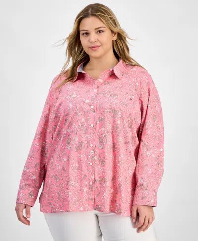 Tommy Hilfiger Plus Size Cotton Paisley-print Utility Shirt In Peony Multi