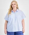 Tommy Hilfiger Plus Size Cotton Patchwork-print Camp Shirt In Blue