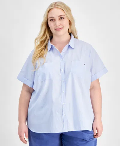 Tommy Hilfiger Plus Size Cotton Patchwork-print Camp Shirt In Blue