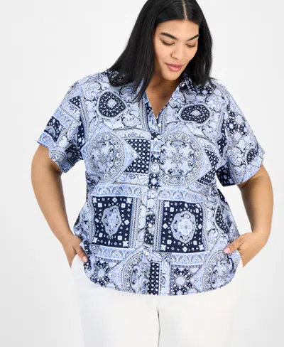 Tommy Hilfiger Plus Size Cotton Patchwork-print Camp Shirt In French Blue Multi