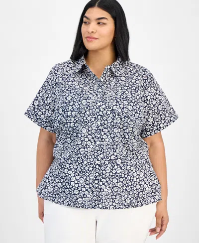 Tommy Hilfiger Plus Size Cotton Patchwork-print Camp Shirt In Blue