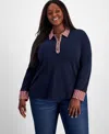 Tommy Hilfiger Plus Size Cotton Polo-collar Long-sleeve Top In Sky Captain