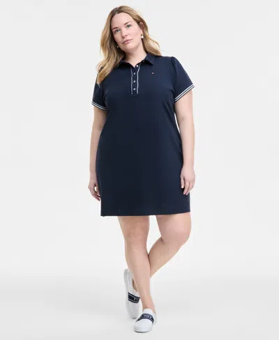 Tommy Hilfiger Plus Size Cotton Puff-sleeve Polo Dress In Sky Cap Multi
