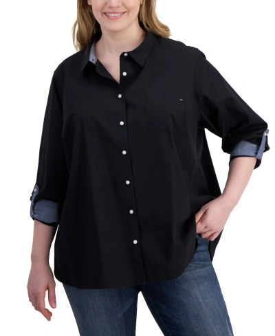 Tommy Hilfiger Plus Size Cotton Roll-tab Shirt In Black
