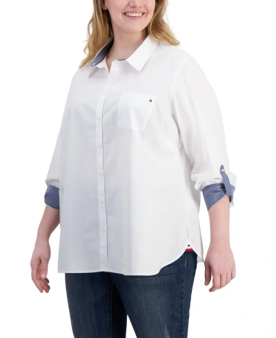 Tommy Hilfiger Plus Size Cotton Roll-tab Shirt In White