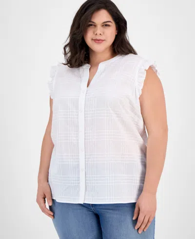 Tommy Hilfiger Plus Size Cotton Ruffled Sleeveless Shirt In White