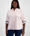 Tommy Hilfiger Plus Size Cotton Stripe Roll-tab Shirt In Ballerina Pink