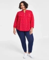Tommy Hilfiger Plus Size Dot Print Pintuck 3 4 Sleeve Top Th Flex Gramercy Pull On Jeans In Sky Captain,ivory